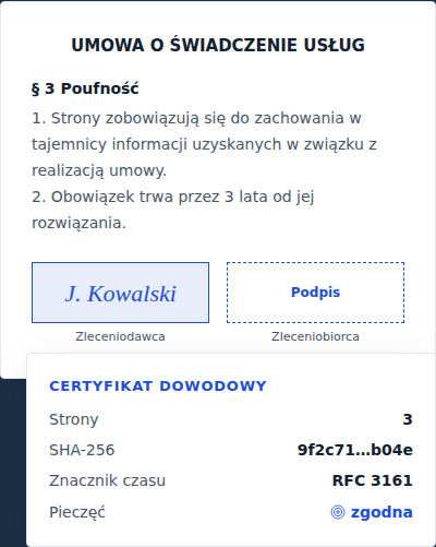 Umowa o świadczenie usług z polem podpisu i certyfikatem dowodowym